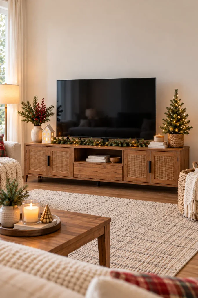 Renter-friendly Christmas TV corner with a freestanding wooden console, removable evergreen garland, and a small illuminated Christmas tree.