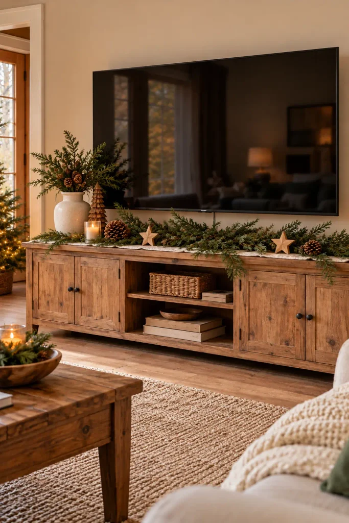 Rustic Christmas TV console with natural evergreen garland, pinecones, wooden star ornaments, and warm candlelight.