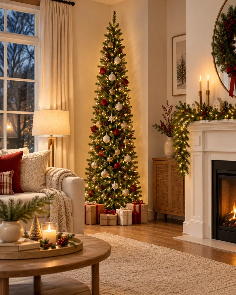Slim Christmas tree styled in a cozy apartment living room