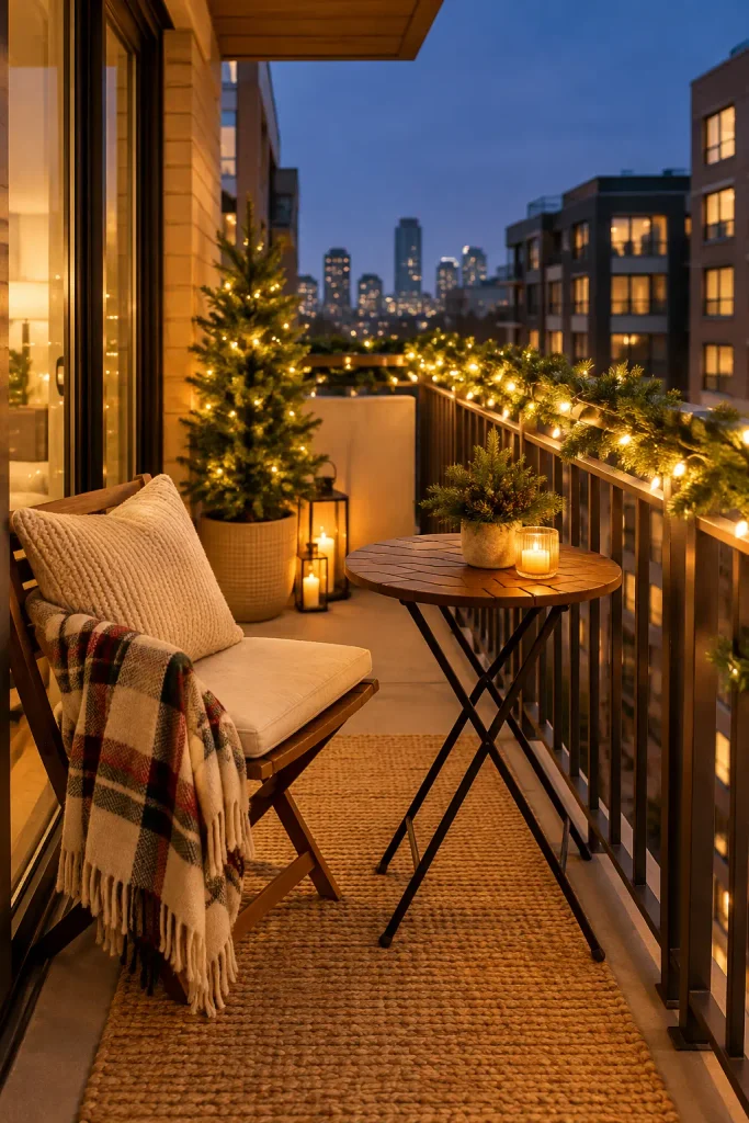 Cozy Christmas balcony decor with string lights and a small tree