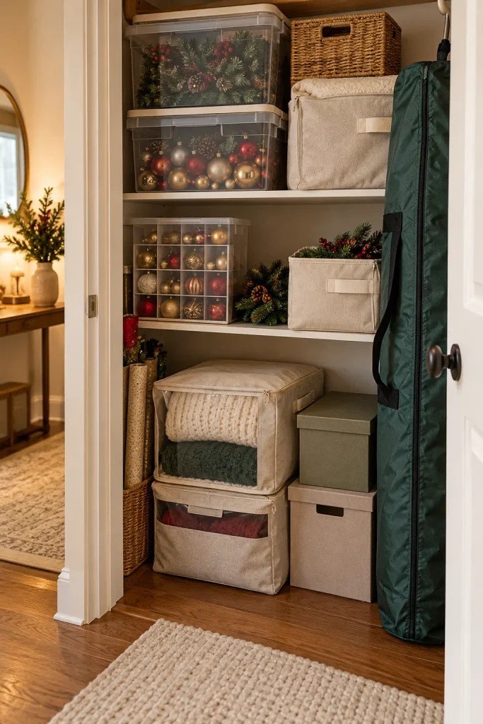 Organized Christmas decorations stored in bins inside a small apartment closet