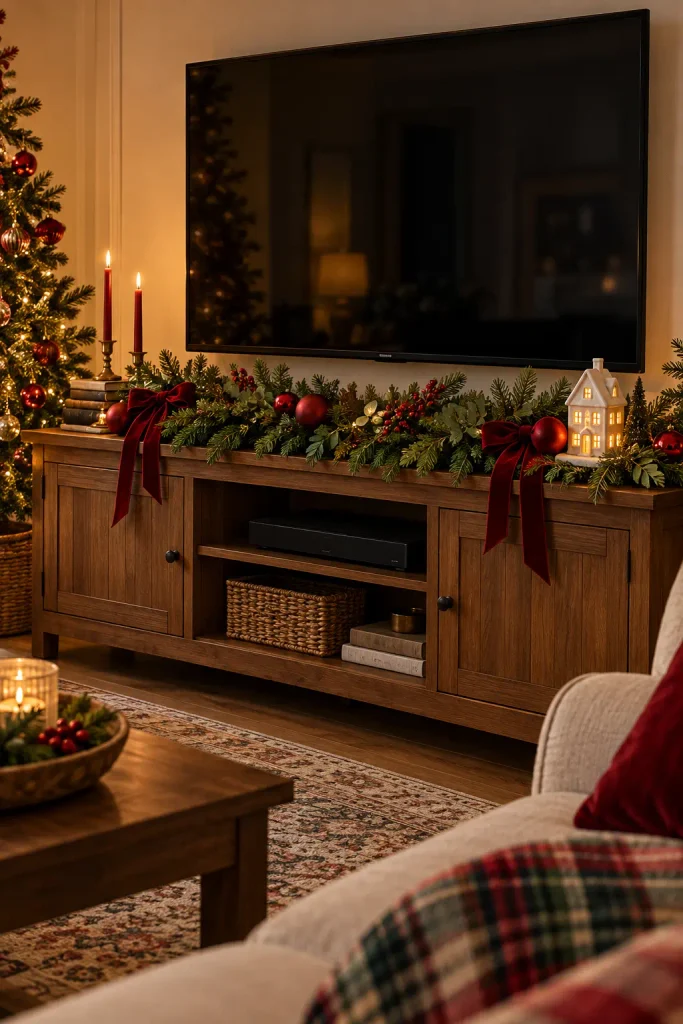 Traditional Christmas TV console decorated with evergreen garland, red velvet bows, red ornaments, and warm candlelight.