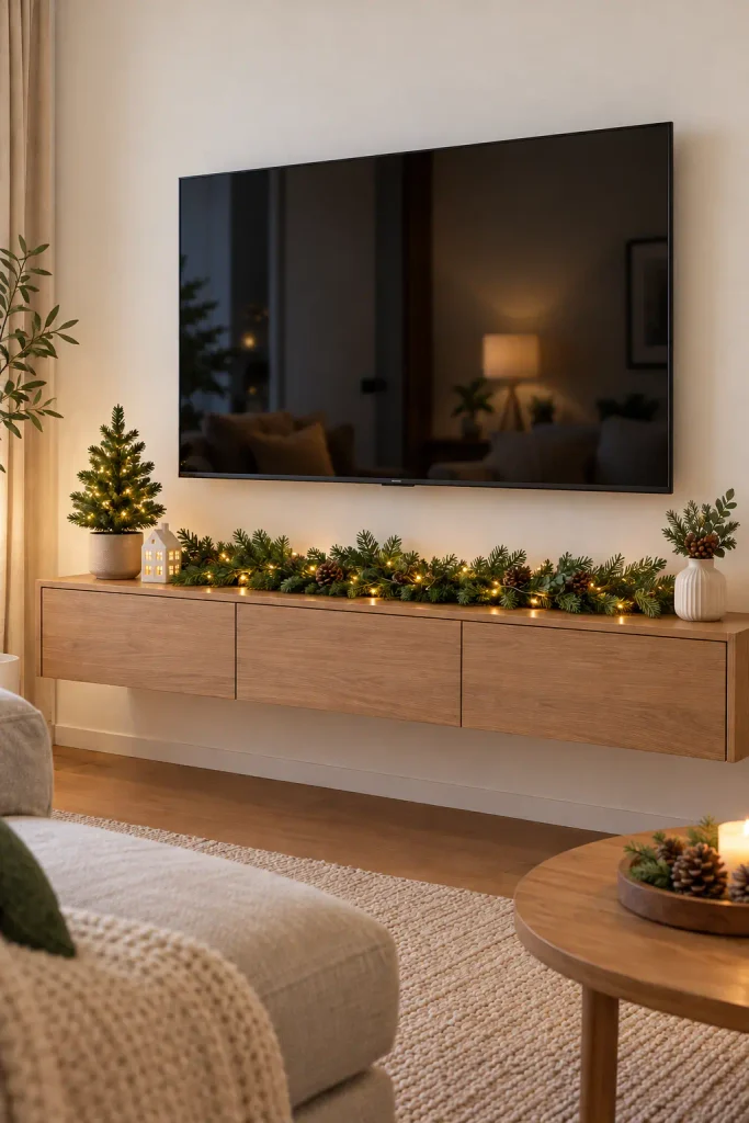 Wall-mounted TV above a floating wooden console decorated with Christmas garland, warm fairy lights, a miniature Christmas tree, and neutral accents.