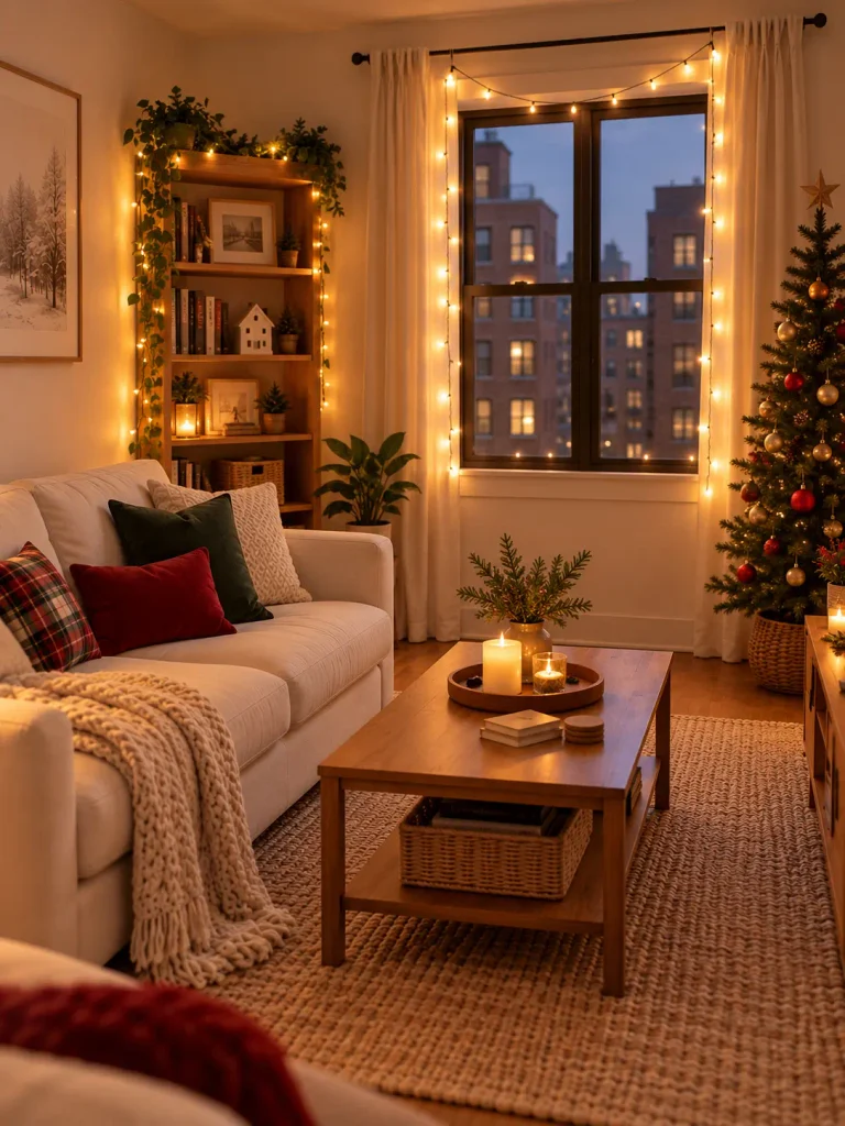 Warm white Christmas string lights decorating a cozy small apartment
