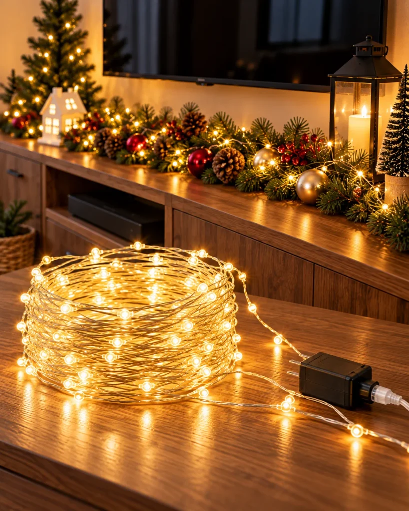 Warm-white LED Christmas string lights arranged around an evergreen garland on a wooden TV console, creating a cozy festive glow.